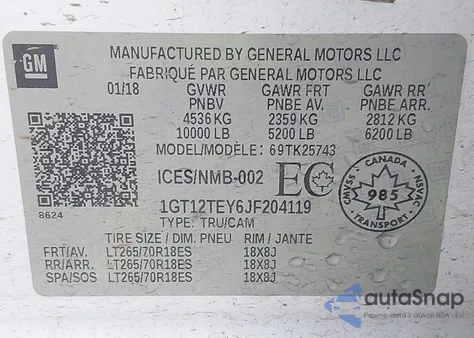 2018 GMC Sierra 2500Hd Slt z USA, uszkodzony, nr VIN 1GT12TEY6JF204119